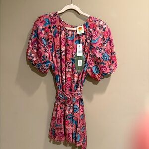 NWT Farm Rio brand pink floral, belted puff sleeve dress in size large